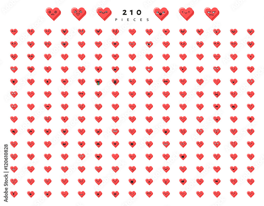 Big set 210 emotions red hearts isolated on white background. Emoji for Web. Smile characters cute