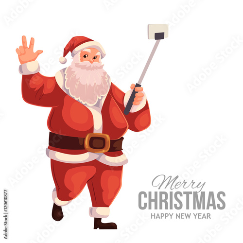 Cartoon style Santa Claus making selfie, Christmas vector greeting card. Full length portrait of Santa making selfie, greeting card template for Christmas eve