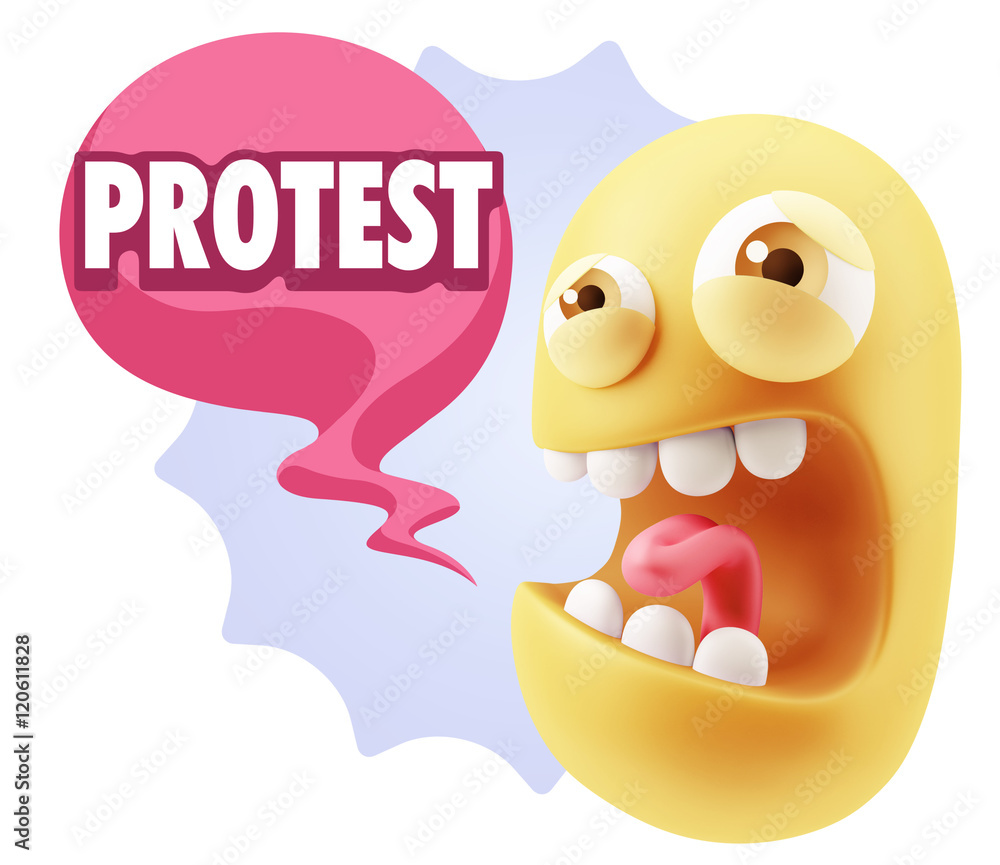 3d Illustration Angry Face Emoticon saying Protest with Colorful 3d Illustration Angry Face Emoticon saying Protest with Colorful