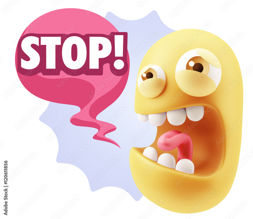 3d Illustration Angry Face Emoticon saying Stop with Colorful Sp 3d Illustration Angry Face Emoticon saying Stop with Colorful Sp
