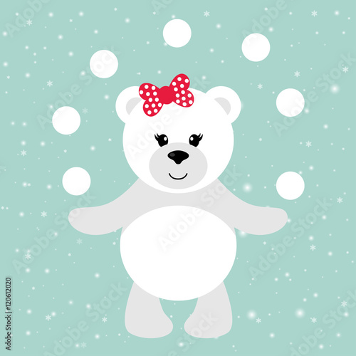 cartoon winter bear with bow and snowball © julia_january