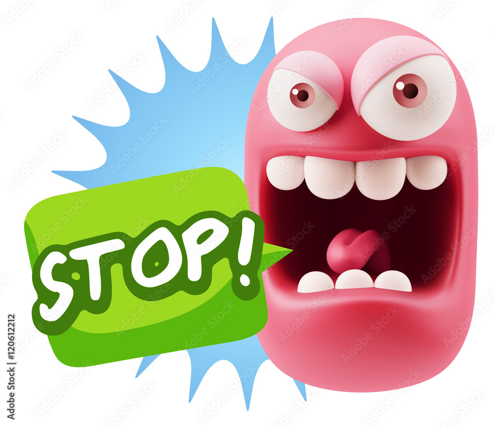 3d Illustration Angry Face Emoticon saying Stop with Colorful Sp 3d Illustration Angry Face Emoticon saying Stop with Colorful Sp