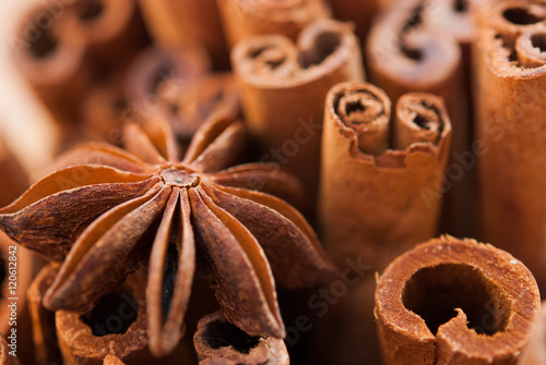 anise star and cinnamon sticks close up