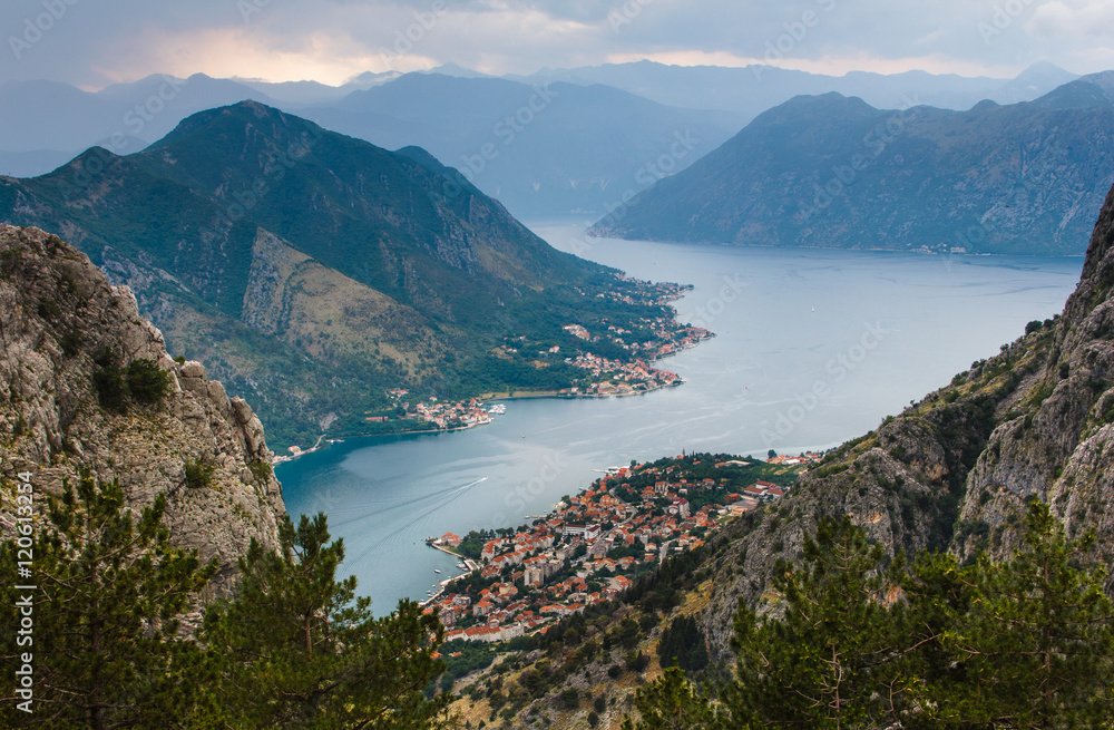 Landscape of mountain ridge and Kotor bay. Lovcen National Park. Montenegro.