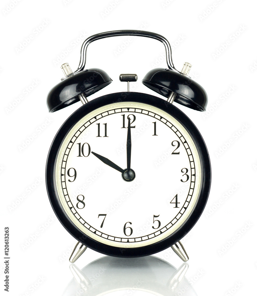 Alarm Clock isolated on white, in black and white, ten o'clock. Stock Photo Adobe Stock