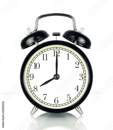 Alarm Clock isolated on white, in black and white, eight o'clock.