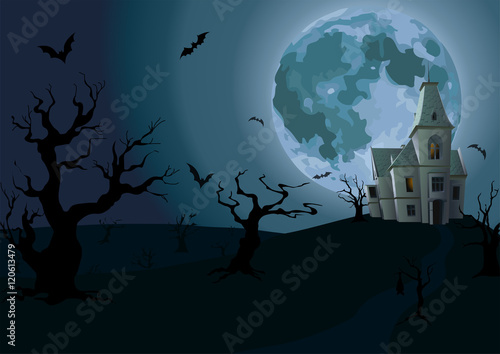 Halloween night: full moon, beautiful castle or chateau with lig
