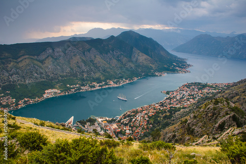 Panoramic landscape of mountain ridge and Kotor bay. Lovcen National Park. Montenegro.