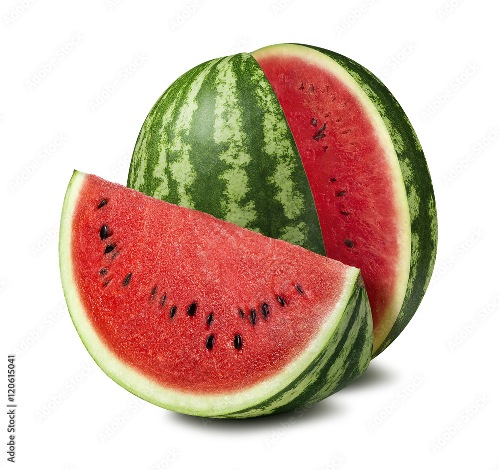 Watermelon cut slice isolated on white background as package design element - obrazy, fototapety, plakaty 