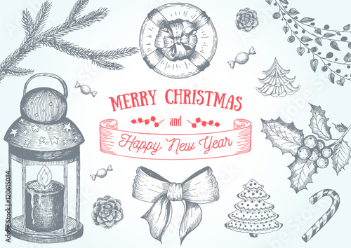 Christmas hand drawn frame for xmas design. With toys, candy cane, candles, mistletoe, holly berries and fir-cone. Vintage Xmas invitation design. Linear graphic. New year vector illustration.