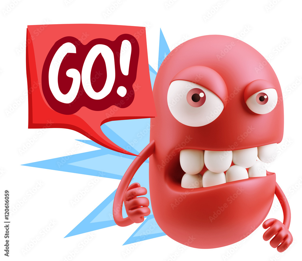 Obraz premium 3d Rendering Angry Character Emoji saying Go with Colorful Speec