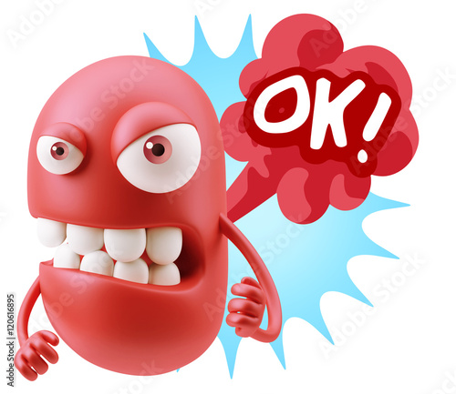 3d Rendering Angry Character Emoji saying OK with Colorful Speec photo