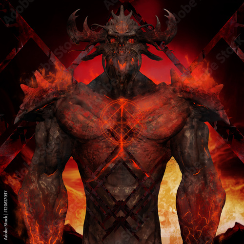 3D illustration of a devil torso art. Artwork of a muscle built hell monster with horns, fire elements, armor and spikes on flame inferno background. photo