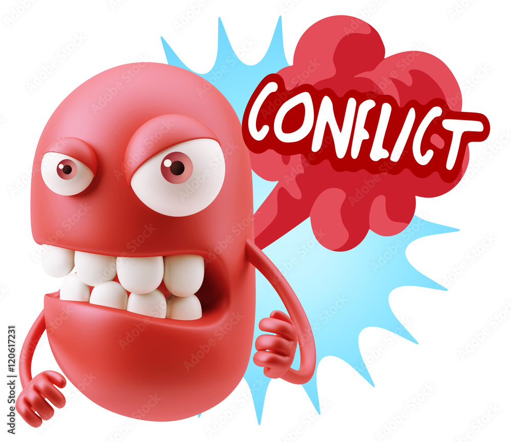 3d Rendering Angry Character Emoji saying Conflict with Colorful 3d Rendering Angry Character Emoji saying Conflict with Colorful