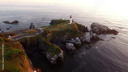 Aerial view of Yaquina Bay Lighthouse at sunset, Newport, Oregon photo