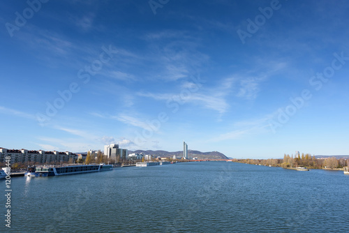 Danube river view with ferryboat in Vienna, Austria © frimufilms