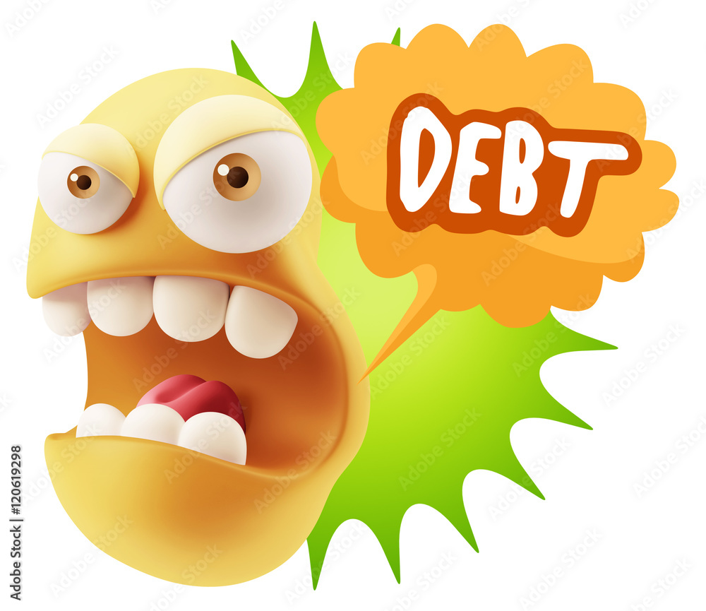 3d Rendering Angry Character Emoji saying Debt with Colorful Spe 3d Rendering Angry Character Emoji saying Debt with Colorful Spe