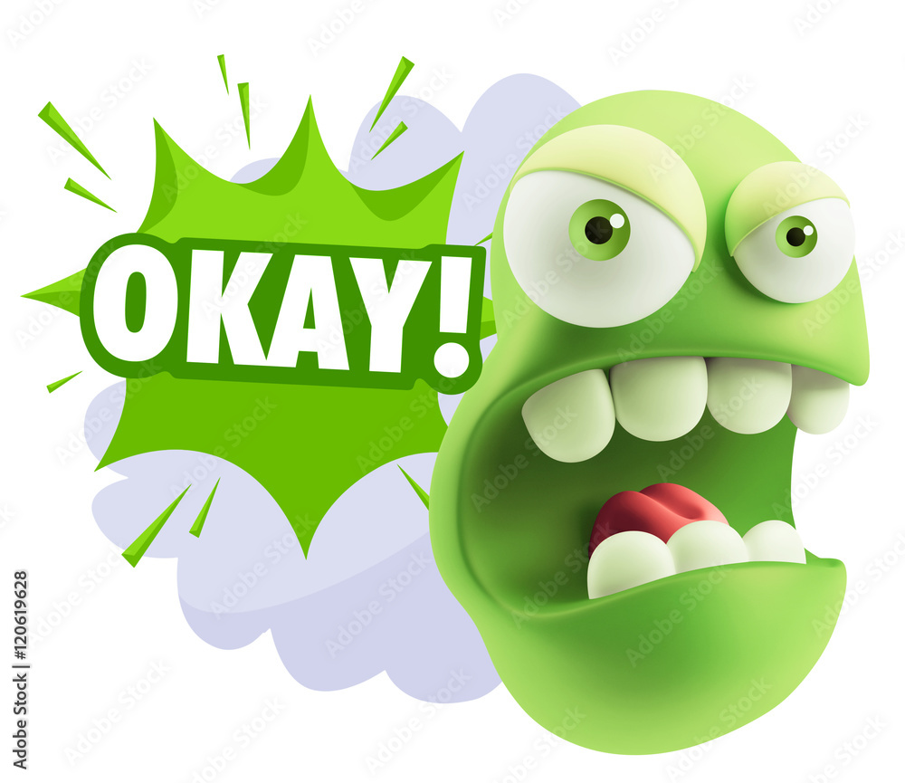 3d Rendering Angry Character Emoji saying Okay with Colorful Spe 3d Rendering Angry Character Emoji saying Okay with Colorful Spe