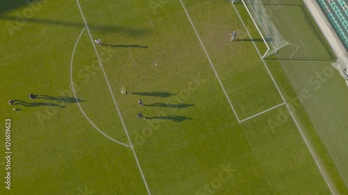 Aerial, Playing in front of the goal at soccer stadium
