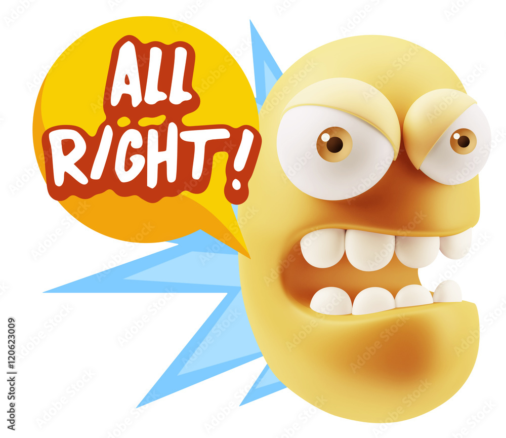 3d Rendering Angry Character Emoji saying All Right with Colorfu 3d Rendering Angry Character Emoji saying All Right with Colorfu