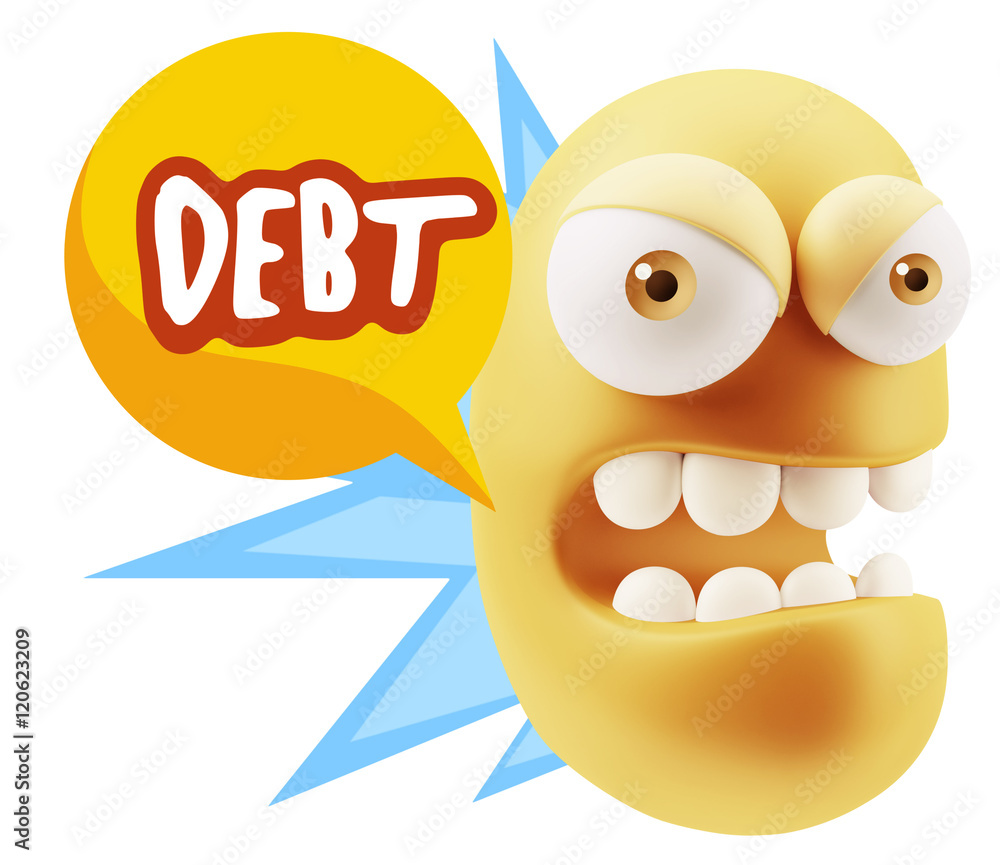 3d Rendering Angry Character Emoji saying Debt with Colorful Spe 3d Rendering Angry Character Emoji saying Debt with Colorful Spe