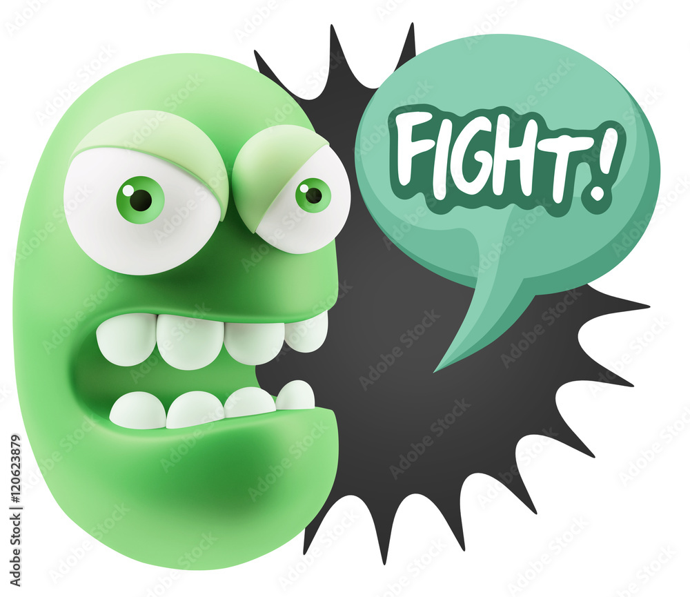 3d Rendering Angry Character Emoji saying Fight with Colorful Sp 3d Rendering Angry Character Emoji saying Fight with Colorful Sp