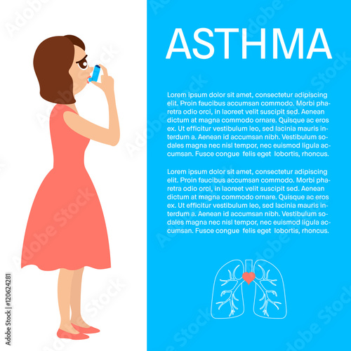 Woman using a spray inhaler to stop asthma attack. Asthma design template with place for text. Bronchial asthma awareness concept. Vector illustration.

