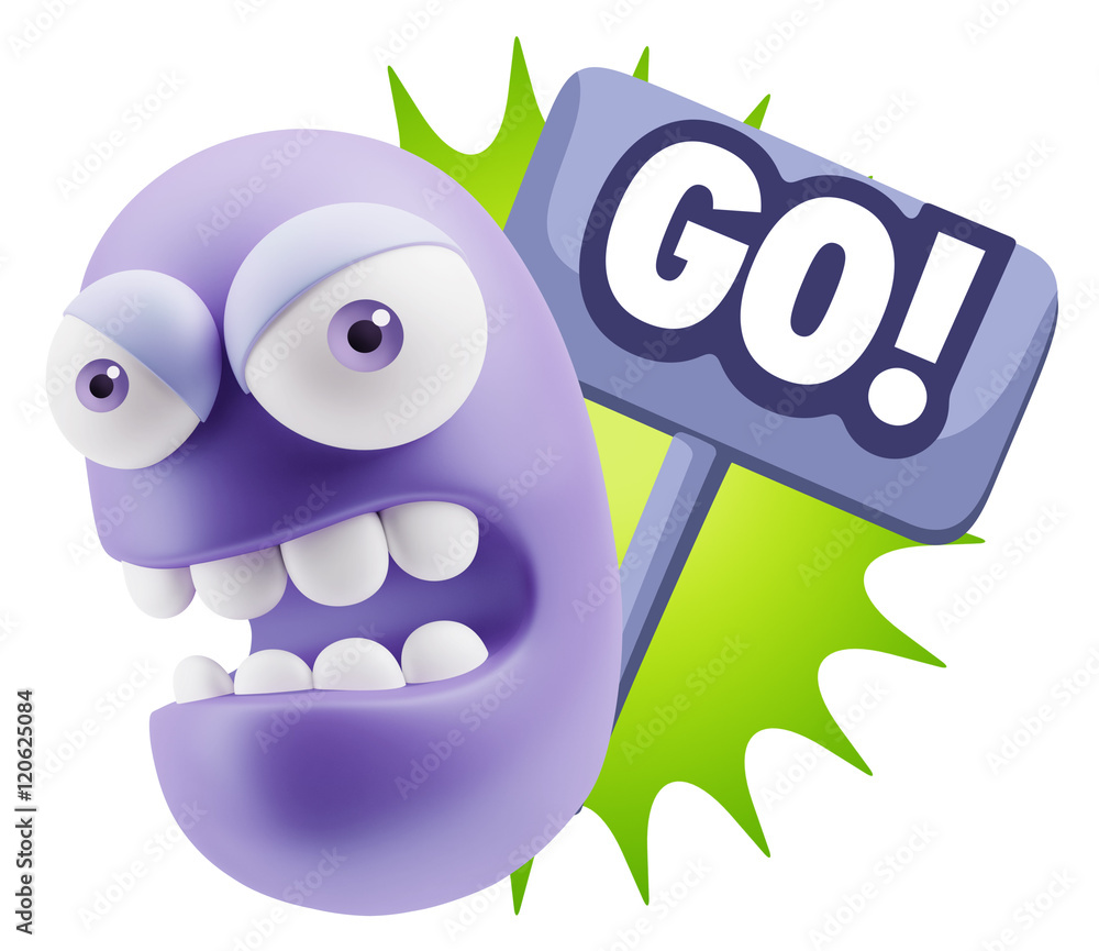 3d Rendering Angry Character Emoji saying Go with Colorful Speec 3d Rendering Angry Character Emoji saying Go with Colorful Speec