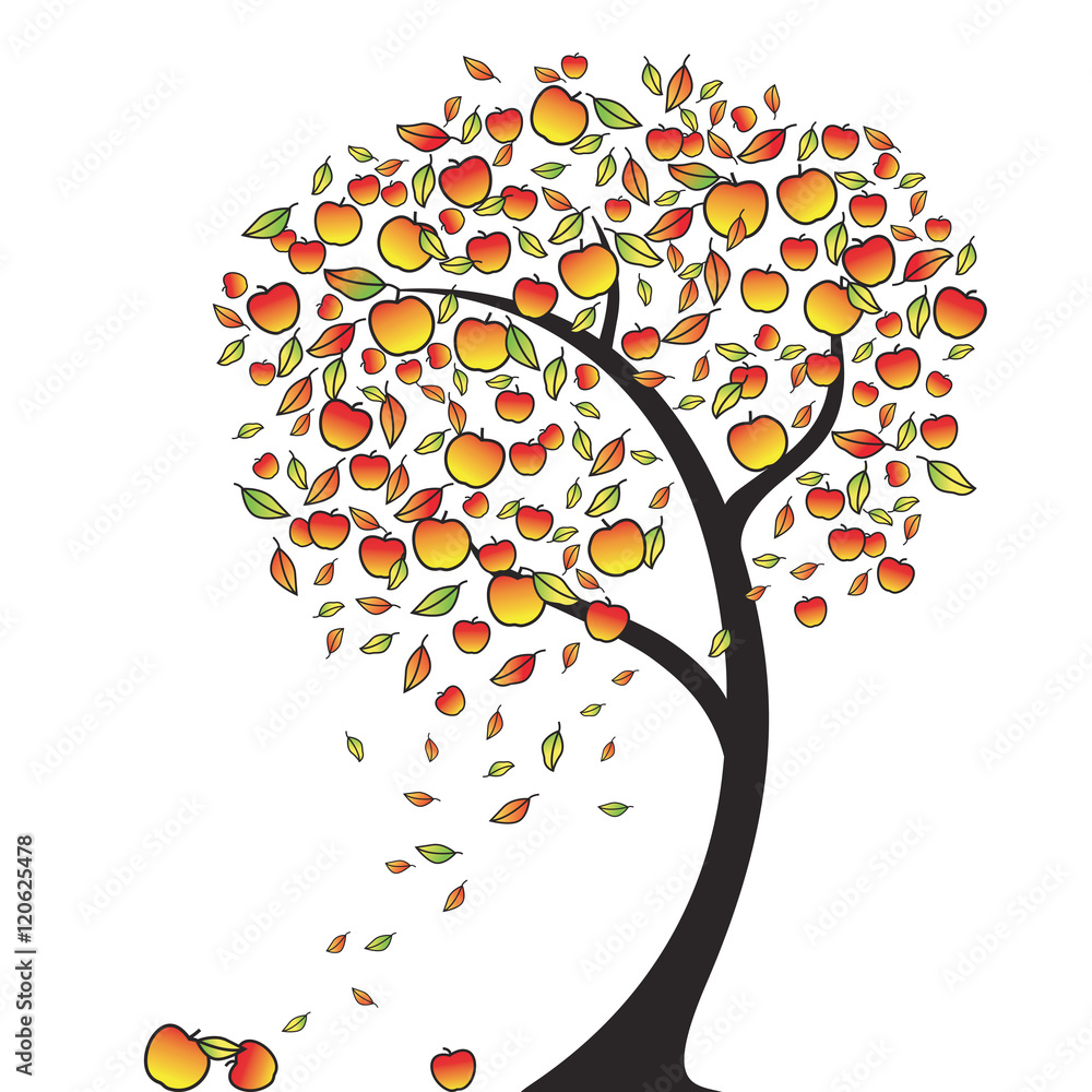 Apple tree in autumn. Leaves fly around in the wind, apples falling, a