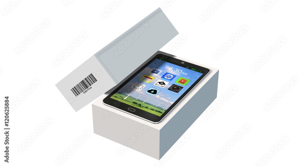 Modern mobile phone in the packaging - unboxing - 3D rendering Modern mobile phone in the packaging - unboxing - 3D rendering