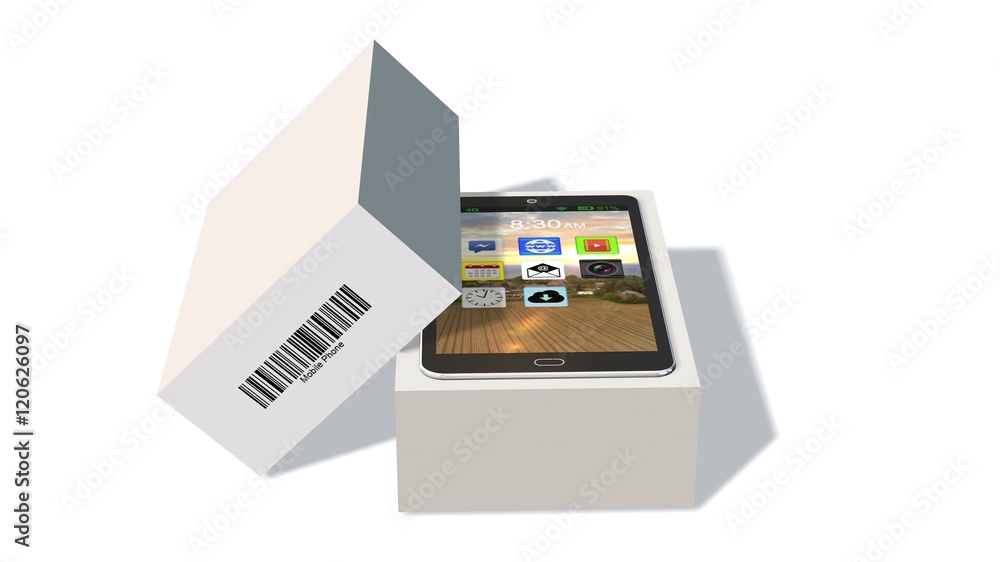 Modern mobile phone in the packaging - unboxing - 3D rendering Modern mobile phone in the packaging - unboxing - 3D rendering