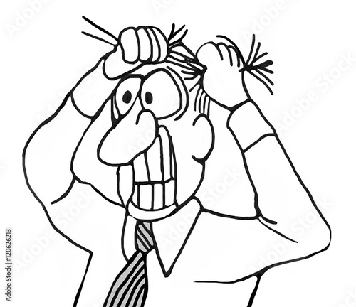 Close-up, b&w business illustration of irritated businessman pulling his hair out.  © cartoonresource