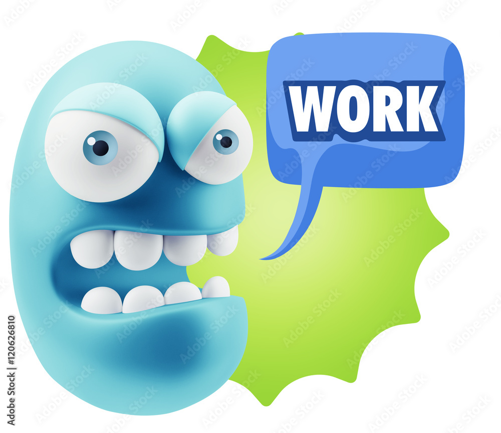 Naklejka premium 3d Rendering Angry Character Emoji saying Work with Colorful Spe