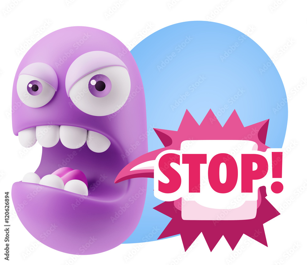 Obraz premium 3d Rendering Angry Character Emoji saying Stop with Colorful Spe