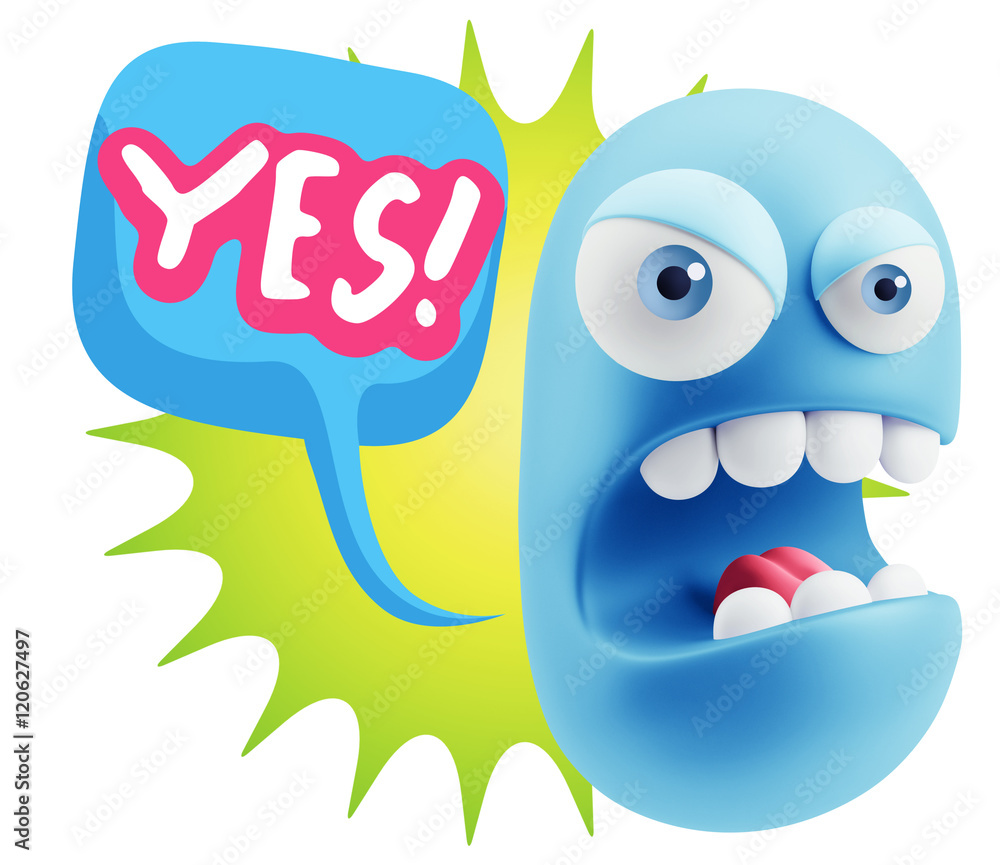 3d Rendering Angry Character Emoji saying Yes with Colorful Spee 3d Rendering Angry Character Emoji saying Yes with Colorful Spee