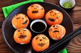 Halloween party sushi, Temari sushi, sushi balls on wooden background.