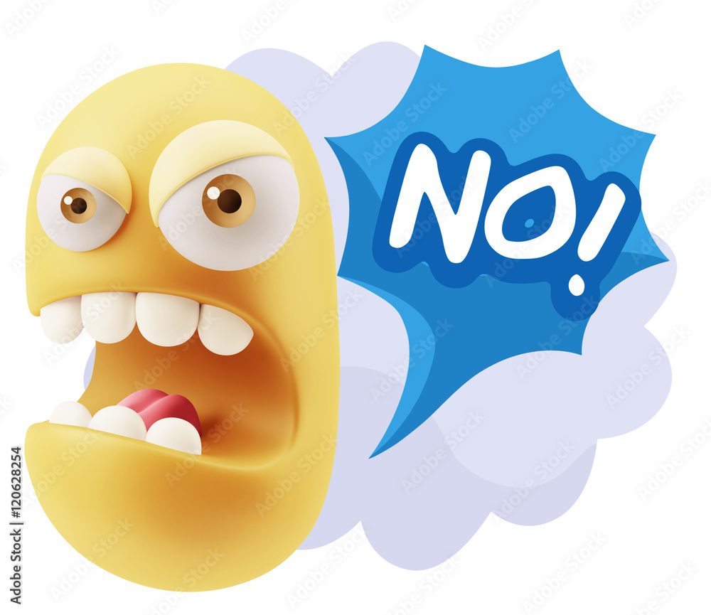 3d Rendering Angry Character Emoji saying No with Colorful Speec 3d Rendering Angry Character Emoji saying No with Colorful Speec