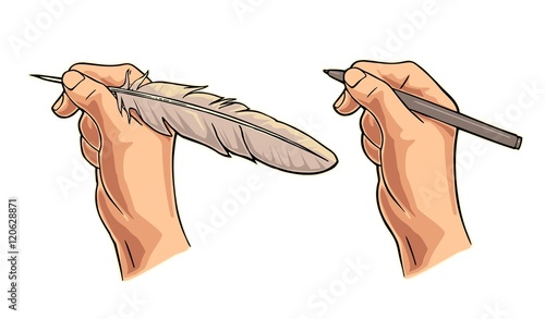 Female hand holding a goose feather and pencil. Vector color flat illustration