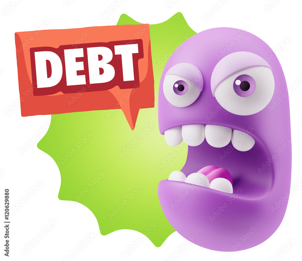 3d Rendering Angry Character Emoji saying Debt with Colorful Spe