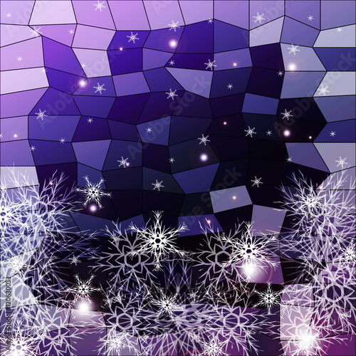 snowflakes on a blue and purple background with polygonal elements. vector illustration