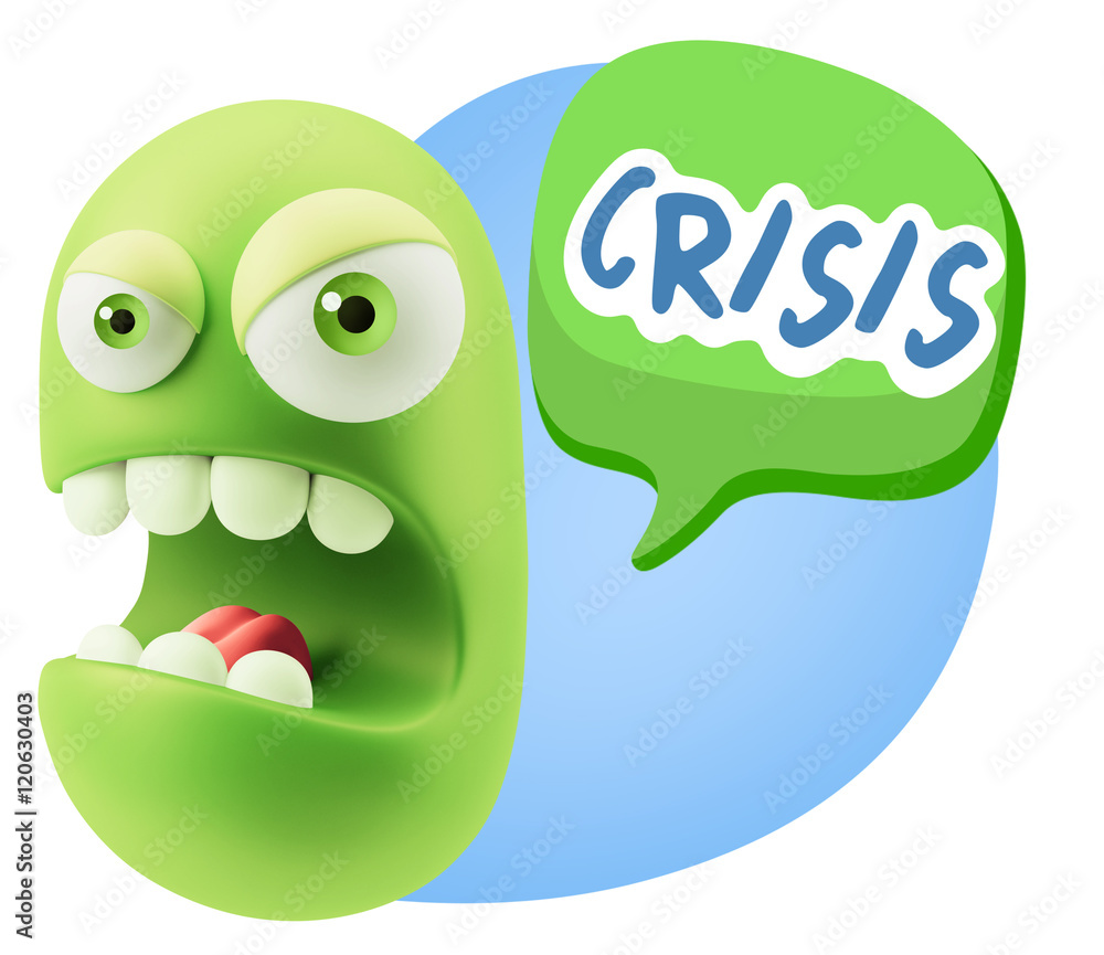 3d Rendering Angry Character Emoji saying Crisis with Colorful S 3d Rendering Angry Character Emoji saying Crisis with Colorful S