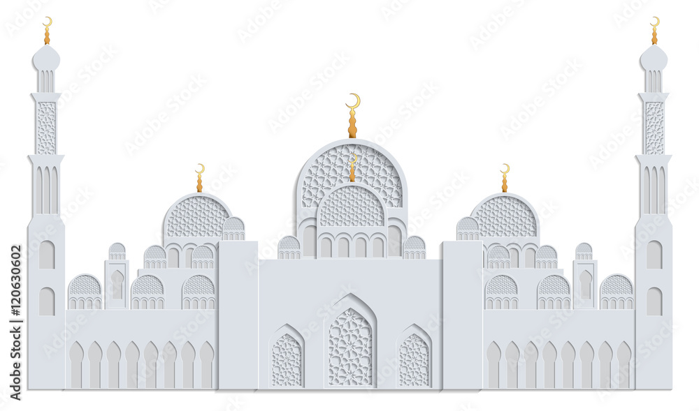 Beautiful islamic mosque drawn in gray and gold and isolated on white background. Greeting card template for Ramadan, Eid al Fitr-festival of breaking of the fast, Eid al-Adha-festival of sacrifice