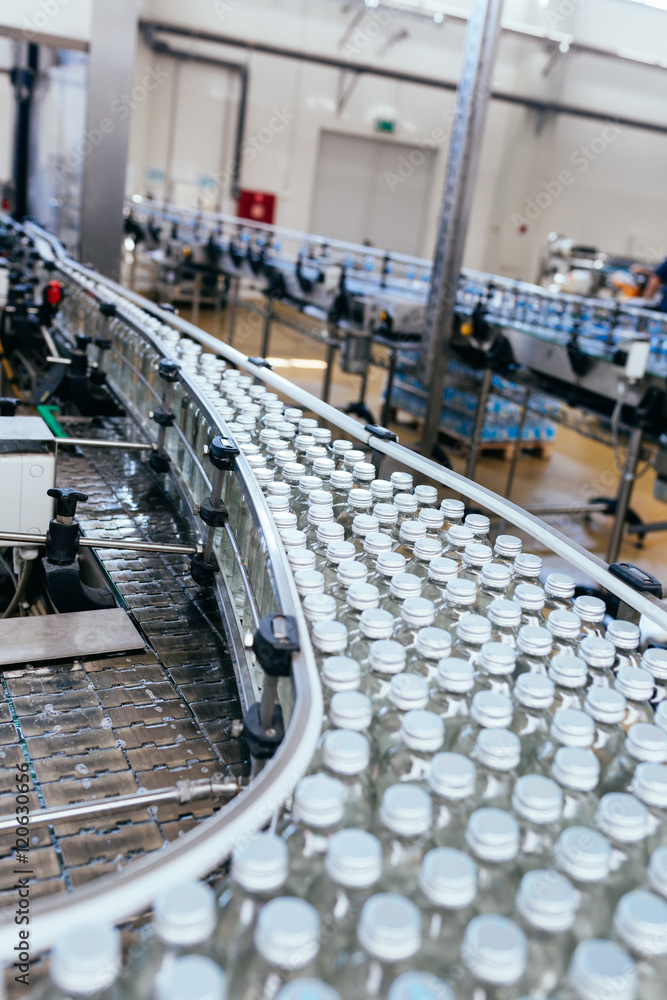 Obraz premium Water factory - Water bottling line for processing and bottling pure spring water into white glass bottles.