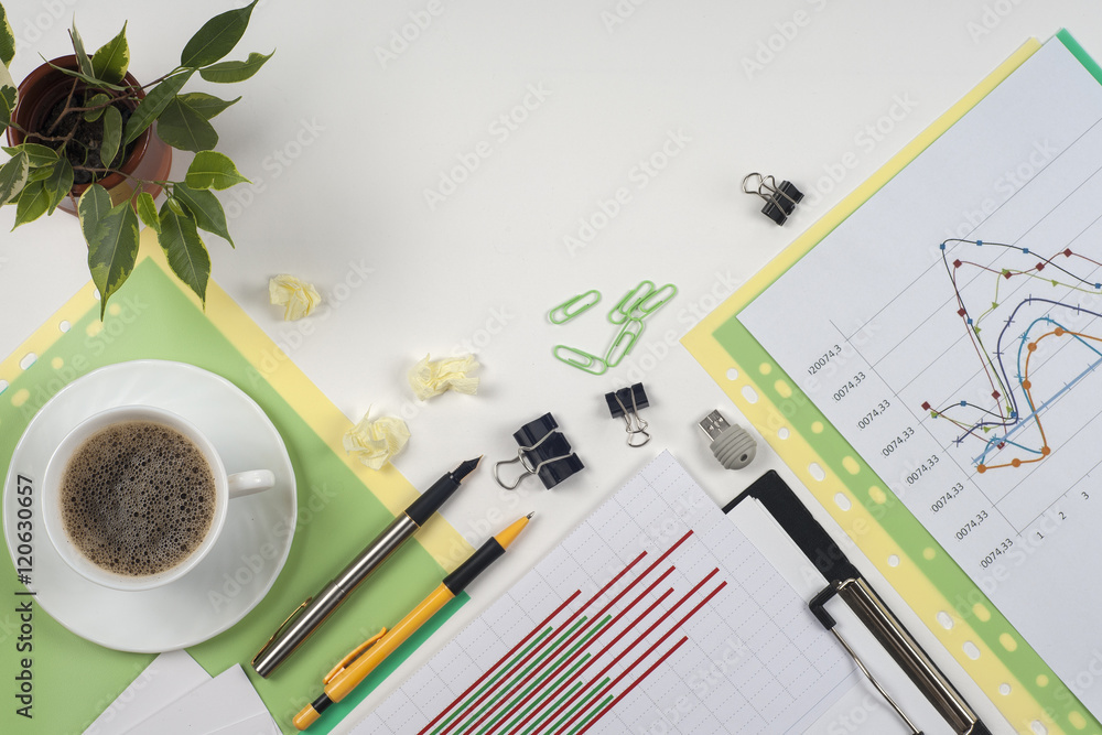 Business blank, notepad, coffee cup and pen at office desk table top view. Corporate stationery branding mock-up Business blank, notepad, coffee cup and pen at office desk table top view. Corporate stationery branding mock-up