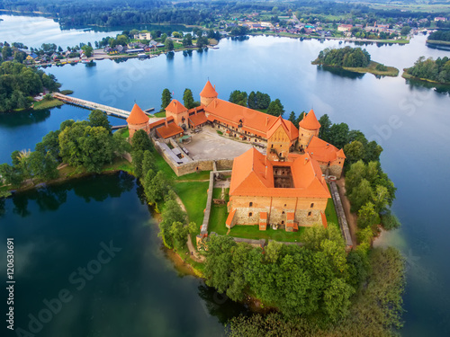 Trakai, Lithuania: Island castle, aerial UAV top view, flat lay photo