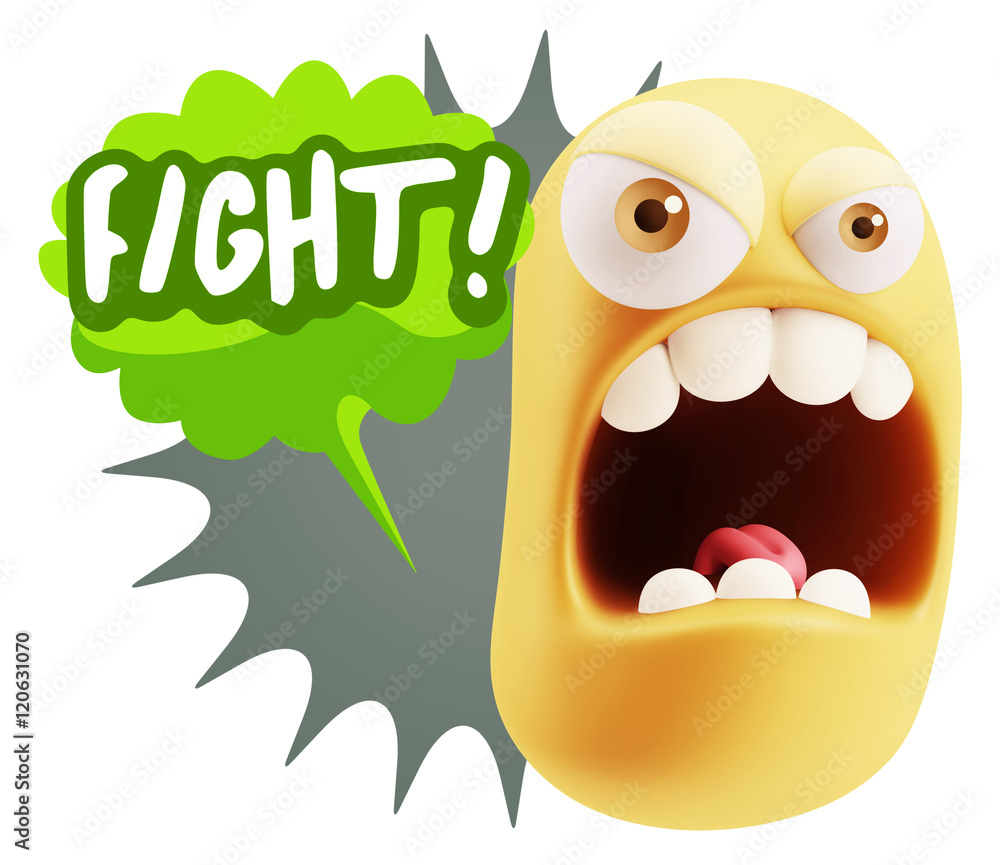3d Rendering Angry Character Emoji saying Fight with Colorful Sp 3d Rendering Angry Character Emoji saying Fight with Colorful Sp