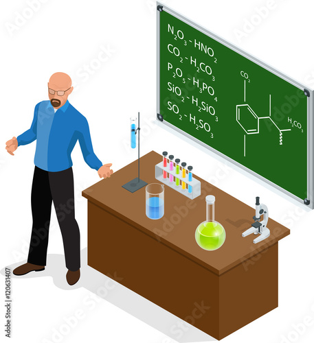 Isometric Scientist has performed a successful experiment in chemistry. Chemistry lesson making experiments. Laboratory test tubes and flasks with colored liquids on the table of elements.