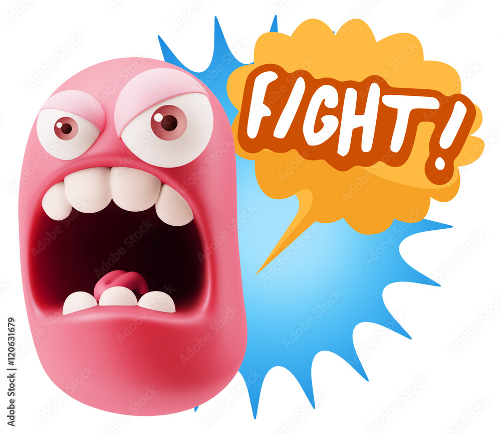 3d Rendering Angry Character Emoji saying Fight with Colorful Sp 3d Rendering Angry Character Emoji saying Fight with Colorful Sp