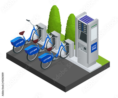Various bicycles on a rack, available for rent. Isometric Citi Bikes.