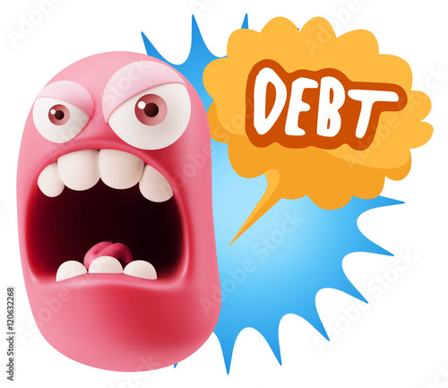 3d Rendering Angry Character Emoji saying Debt with Colorful Spe